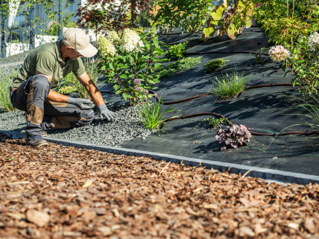 A person wearing gloves is laying gravel over black landscaping fabric on a sloped garden bed with plants and a drip irrigation system, bringing to life 3D landscape designs with meticulous attention to detail.