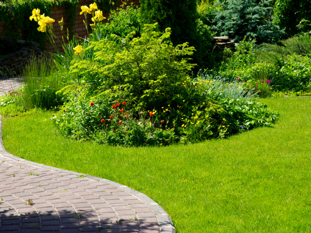 Curved brick pathway beside a circular garden bed with green shrubs, yellow flowers, and a lawn showcases thoughtful walkway design in a beautifully landscaped yard.