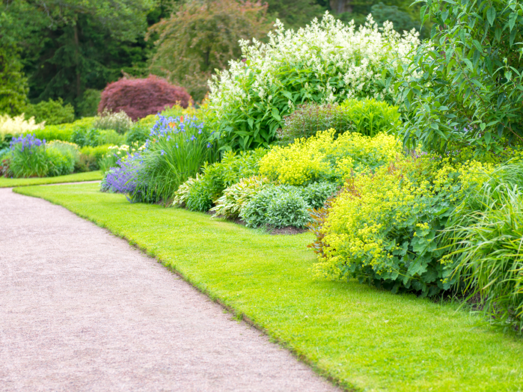 A curving gravel walkway design runs beside a well-maintained garden bed filled with various green shrubs and colorful flowering plants.