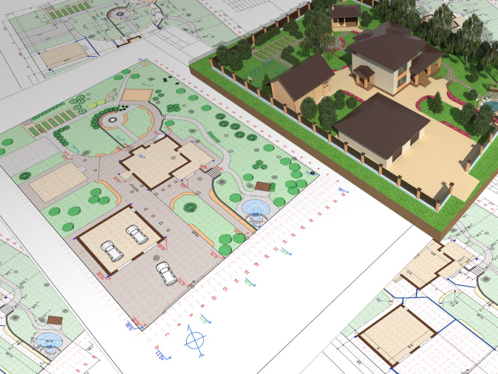 A 3D architectural rendering of a residential property is shown alongside detailed site and landscape plans with measurements, layout drawings, and thoughtfully integrated walkway design.