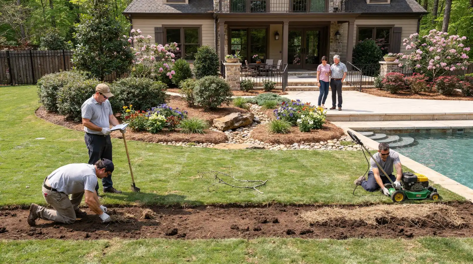 Spring lawn work in Atlanta typically begins with debris removal, aerating, and dethatching before mowing
